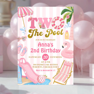 Rosa Streifen ZWEI ZUM Pool-Party-Mädchen-Geburtst Einladung