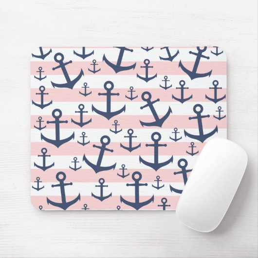 Rosa Streifenmarineblau-Ankernautischmuster Mousepad (Mit Mouse)