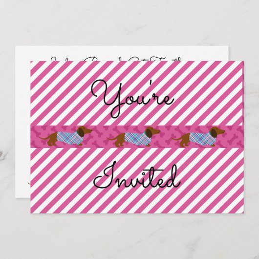 Rosa Stripe Dackel Party Einladung (Vorne/Hinten)