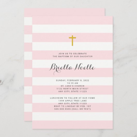 Rosa Stripe Girl Taufe oder Erste Kommune einladen Einladung (Vorne/Hinten)