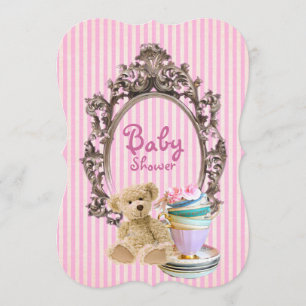 Rosa stripes Teddybär-Babypartyeinladungen Einladung