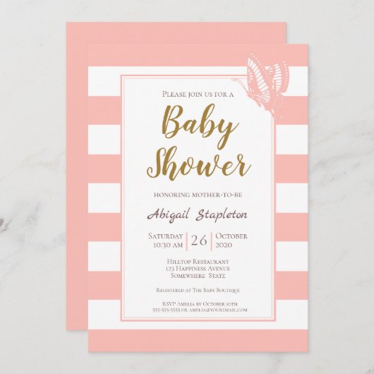 Rosa Stripte Babydusche Einladung (Vorne/Hinten)