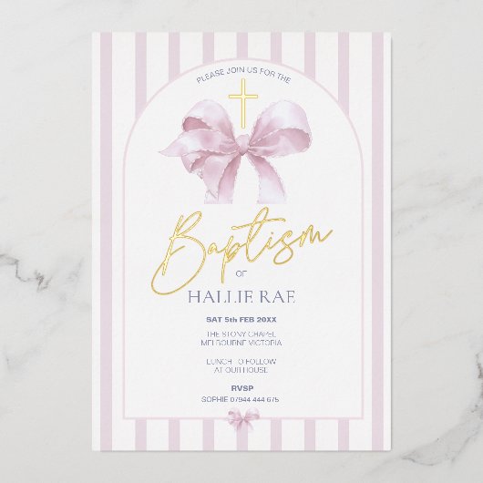 Rosa Stripte Taufe Einladung Girl Modern Bow (Vorderseite)