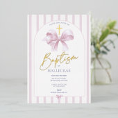 Rosa Stripte Taufe Einladung Girl Modern Bow (Stehend vorne)