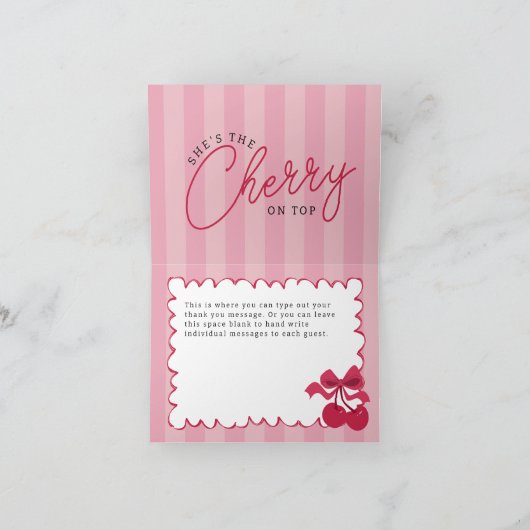 Rosa Stripte Vintage Kirschendusche Flat Dankeskarte (Innenseite)