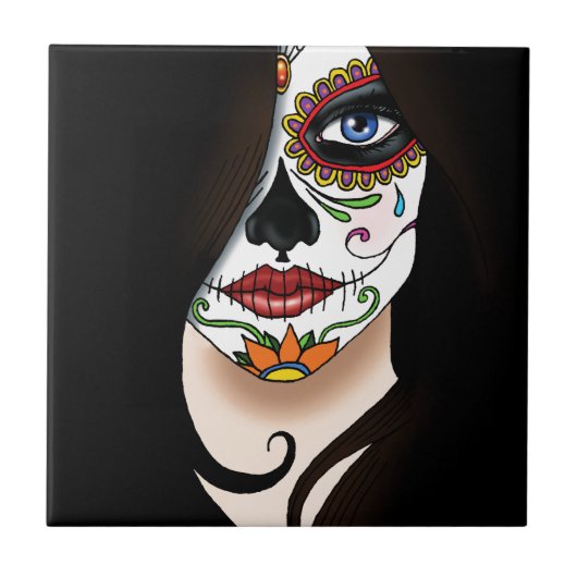 Rosa Sugar Skull Portrait Fliese (Vorderseite)