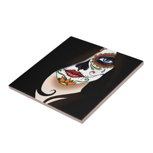 Rosa Sugar Skull Portrait Fliese (Seite)