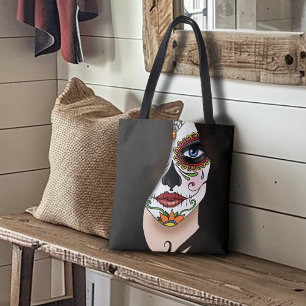 Rosa Sugar Skull Portrait Tasche