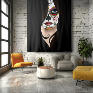 Rosa Sugar Skull Portrait Wandteppich
