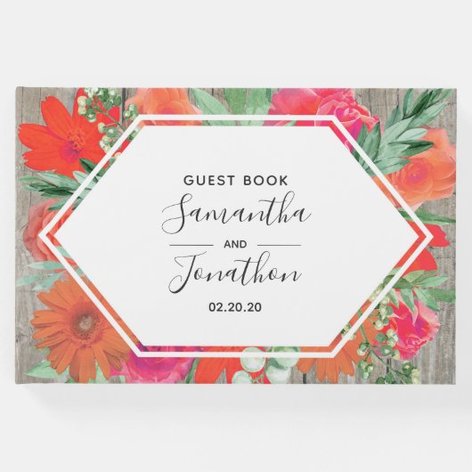 Rosa Sunset Bloom Blumenrahmen Hochzeitsbuch Gästebuch (Vorderseite)