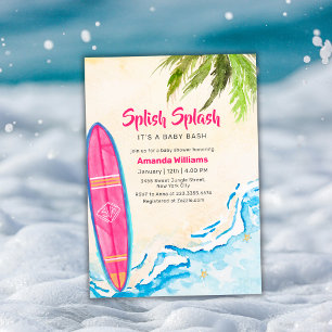 Rosa Surf Plam Baum Strand Baby Shower   Einladung