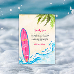 Rosa Surfbrett-Plam-Baum-Strand-Baby-Party   Dankeskarte
