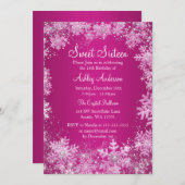 Rosa Süße 16 Winterwunder Land Sparkle Schneeflock Einladung (Vorne/Hinten)