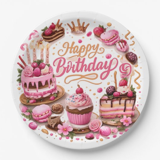 Rosa süße Dessert Geburtstagsfeier Papier Teller (Vorderseite)