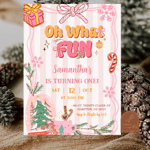 Rosa süße Retro-Weihnachten Winter 1. Geburtstag Einladung