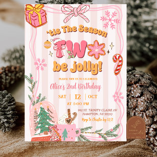 Rosa süße Retro-Weihnachten Winter 2. Geburtstag Einladung