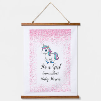 Rosa süße Wasserfarbe Einhorn Baby Shower Wandteppich Mit Holzrahmen