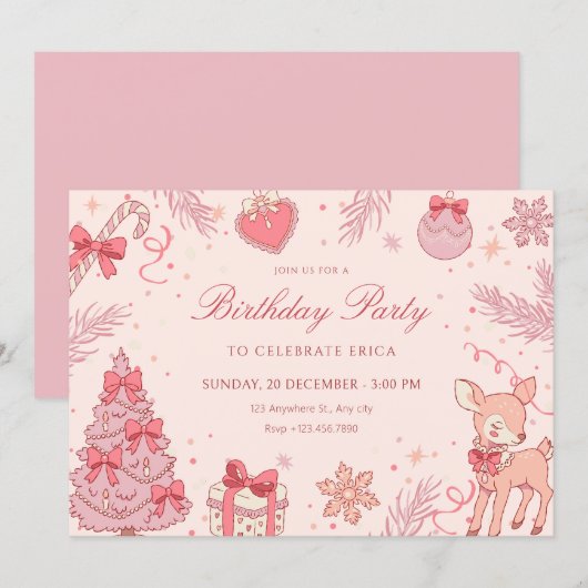 Rosa süßer Winter-Geburtstag Einladung (Vorne/Hinten)