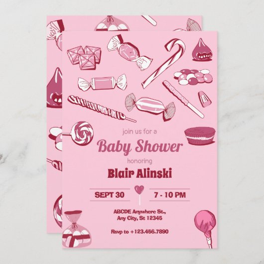 Rosa Süßigkeiten Babydusche Einladung (Vorne/Hinten)