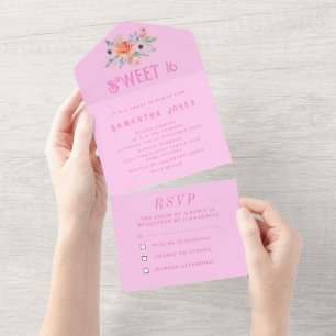 Rosa Sweet 16 Floral Sechzehn Mädchenhaft Elegant  All In One Einladung
