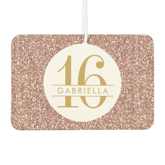Rosa Sweet 16 Rose Gold Glitzer Personalisiert Autolufterfrischer (Vorderseite)