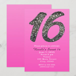 Rosa Sweet 16 Silber Glitter-Einladungen zur Party Einladung
