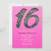 Rosa Sweet 16 Silver Glitzer Party Einladungen (Vorderseite)