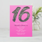Rosa Sweet 16 Silver Glitzer Party Einladungen (Stehend Vorderseite)