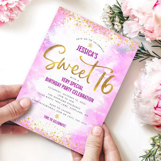 Rosa Sweet 16 Wasserfarbe Gold Geburtstag Modern B Einladung