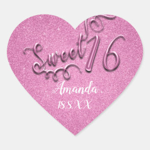 Rosa Sweet 16. Weißes Herz Glitter Funkeln Herz-Aufkleber
