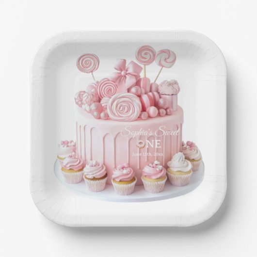 Rosa Sweet One Geburtstag Papier Teller (Vorderseite)
