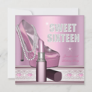Rosa Sweet Sixteen 16 Party Schuh Lippenstift Einladung