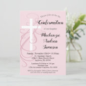 Rosa Swirl Cross Bestätigung Einladung Mädchen (Stehend Vorderseite)