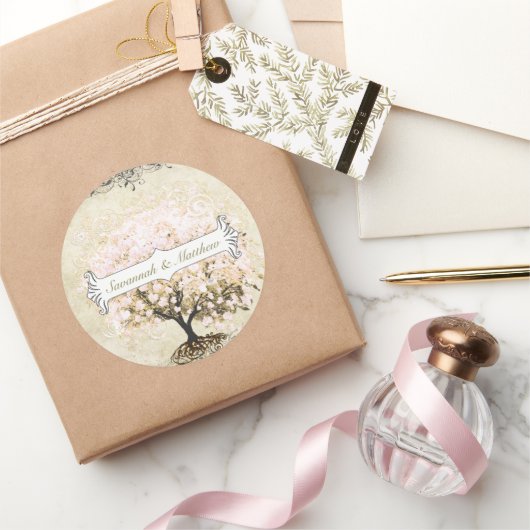 Rosa Swirl Herzleder Tree Hochzeitsstich Siegel Runder Aufkleber (Schenken)