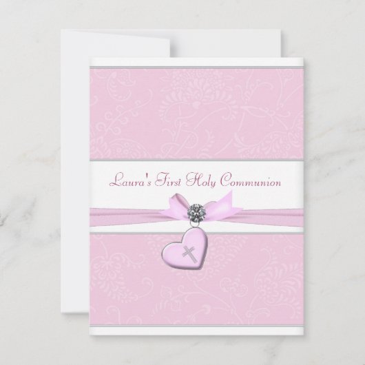 Rosa Swirl Herzrosa Kreuz Erste Kommune Einladung (Vorderseite)