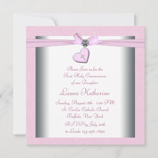 Rosa Swirl Herzrosa Kreuz Erste Kommune Einladung (Rückseite)