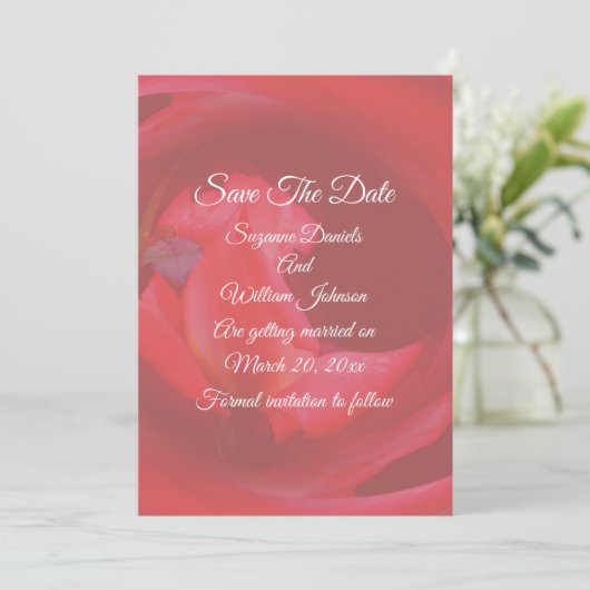 Rosa Swirling Rose Blume Hochzeit Save The Date (Stehend Vorderseite)