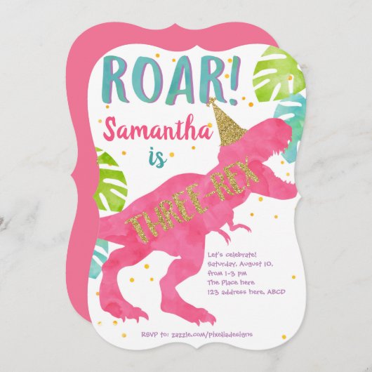 Rosa, T-rex, Dinosaur, Mädchen, 3. Geburtstag Einladung (Vorne/Hinten)