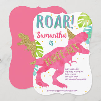 Rosa, T-rex, Dinosaur, Mädchen, 3. Geburtstag Einladung