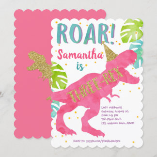 Rosa, T-rex, Dinosaurier, Mädchen, 3. Geburtstag Einladung