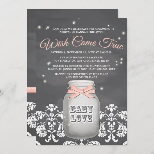 Rosa Tafel-Leuchtkäfer-Weckglas-Babyparty Einladung (Vorne/Hinten)