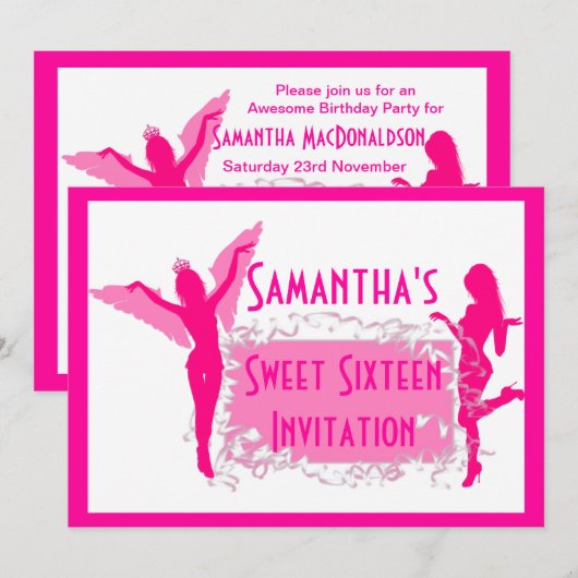 Rosa Tänzer 16 . Geburtstag Einladung (Vorne/Hinten)