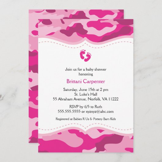 Rosa Tarnungs-Mädchen-Babyparty-Einladung Einladung (Vorne/Hinten)