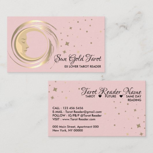 Rosa Tarot Reader Stars Moon Sun Celestial Visitenkarte (Vorne/Hinten)