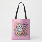 Rosa Tasche mit Niedlicher Katze und Blumenfarbe (Vorderseite)