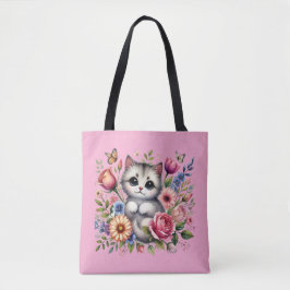 Rosa Tasche mit Niedlicher Katze und Blumenfarbe