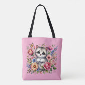 Rosa Tasche mit Niedlicher Katze und Blumenfarbe (Rückseite)