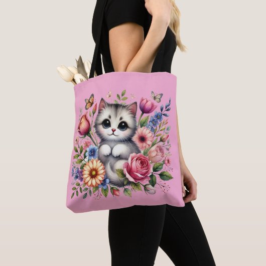 Rosa Tasche mit Niedlicher Katze und Blumenfarbe (Von Nahem)