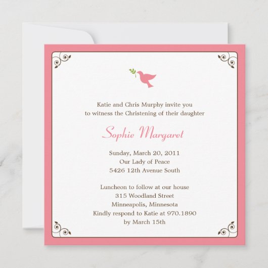 Rosa Taubentaufen/Einladung zur Feier Einladung (Vorderseite)
