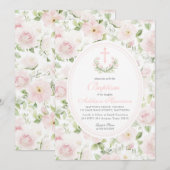 Rosa Tauf Einladung mit Blumen, Mädchen Taufe, (Vorne/Hinten)